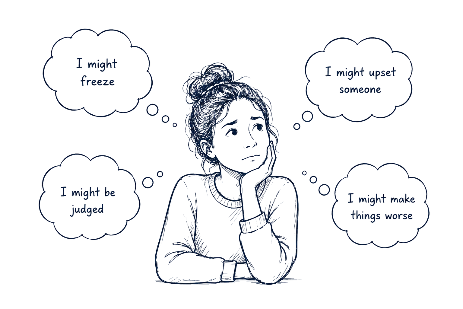 A worried person surrounded by thought bubbles